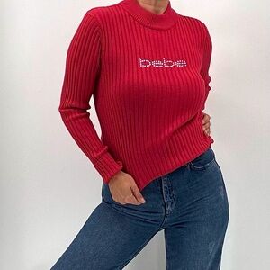 Bebe Vintage Y2K Rhinestone Spellout Logo Ribbed Red Long Sleeve Sweater